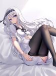  1girl ass bangs bed_sheet black_legwear black_ribbon blue_eyes breasts closed_mouth collarbone commentary_request dress eyebrows_visible_through_hair feet_out_of_frame hair_between_eyes highres kaguya-sama_wa_kokurasetai_~tensai-tachi_no_renai_zunousen~ knee_up long_hair looking_at_viewer medium_breasts neck_ribbon panties panty_pull pantyhose ribbon ririko_(zhuoyandesailaer) shirogane_kei short_sleeves silver_hair solo thighband_pantyhose underwear very_long_hair white_background white_dress 