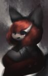  abstract_background anthro bandage black_nose bottomwear button_(fastener) canid canine clothed clothing empty_eyes female fur grey_body grey_ears grey_fur grey_tail hair hand_on_leg hasukii hi_res kemono looking_forward mal_(hasukii) mammal open_mouth pants red_bottomwear red_clothing red_hair red_pants sitting solo topless white_hair 