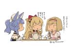  3girls :d ^_^ animal_ear_fluff animal_ears asaya_minoru blue_hair bow breasts brown_hair character_request checkerboard_cookie closed_eyes cookie cup djeeta_(granblue_fantasy) food gauntlets granblue_fantasy hair_bow high-waist_skirt holding holding_food horns medium_breasts multiple_girls pink_skirt ponytail puffy_short_sleeves puffy_sleeves red_bow shirt short_sleeves simple_background skirt smile teacup teapot translation_request twitter_username white_background white_shirt 