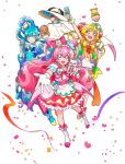  3girls :d ankle_bow apron arm_up artist_request back_bow blonde_hair blue_bow blue_eyes blue_gloves blue_hair boots bow brooch bun_cover choker closed_mouth confetti cure_precious cure_spicy cure_yum-yum delicious_party_precure double_bun drill_hair flower fuwa_kokone gloves grey_hair hair_bow hair_cones hair_flower hair_ornament hair_rings hanamichi_ran hand_on_hip hat highres holding holding_wand huge_bow jewelry knee_boots kneehighs kome-kome_(precure) legs_apart long_hair looking_at_viewer magical_girl mask men-men_(precure) multicolored_clothes multicolored_skirt multiple_girls nagomi_yui official_art open_mouth outstretched_hand pam-pam_(precure) pink_bow pink_choker pink_hair precure purple_bow purple_eyes red_eyes red_legwear ribbon rosemary_(precure) shiny shiny_hair skirt smile standing striped twin_drills vertical_stripes wand white_apron white_footwear white_gloves white_headwear 