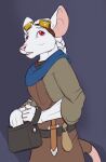  2019 alchemist anthro braided_hair eyewear eyewear_on_head fur goggles goggles_on_head hair hi_res holding_vial looking_up lord_magicpants male mammal medieval_clothing murid murine rat red_eyes rodent simple_background solo white_body white_fur white_hair 