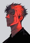  1boy ear_piercing expressionless extra_eyes facial_mark from_side grey_background highres japanese_clothes jujutsu_kaisen looking_ahead male_focus monochrome piercing profile red_eyes ryoumen_sukuna_(jujutsu_kaisen) shark2049 short_hair simple_background solo spiked_hair undercut 