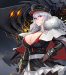  1girl absurdres azur_lane breasts cleavage cleavage_cutout cloak clothing_cutout eyebrows_visible_through_hair fur_collar fur_trim gloves graf_zeppelin_(azur_lane) hand_on_hip hat highres kaki_z3 large_breasts long_hair looking_at_viewer peaked_cap pleated_skirt red_eyes rigging silver_hair skirt solo 