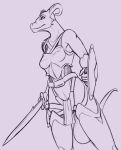  2019 5_fingers anthro argonian armor bethesda_softworks breasts female fingers hi_res holding_object holding_shield holding_sword holding_weapon horn looking_up lord_magicpants melee_weapon scalie shield solo sword the_elder_scrolls video_games weapon 