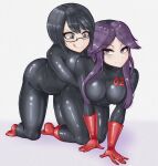  2girls :p arms_around_waist bangs behind_another black_bodysuit black_hair blush bodysuit breasts cleavage closed_mouth collarbone era_(times_infinity) eyebrows_visible_through_hair glasses gloves highres koirsun large_breasts long_hair looking_at_another multiple_girls purple_eyes purple_hair red_footwear red_gloves seductive_smile semi-rimless_eyewear shiny shiny_clothes shiny_hair short_hair sidelocks simple_background smile swept_bangs times_infinity tongue tongue_out white_background young_savage 