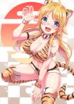  1girl ahoge animal_ears animal_print bare_shoulders belt between_legs blonde_hair blue_eyes blush breasts claw_pose cleavage collar commentary_request dan_(orange_train) fake_animal_ears fake_tail front-tie_top fur_trim hachimiya_meguru hand_between_legs highres idolmaster idolmaster_shiny_colors large_breasts long_hair looking_at_viewer navel new_year rising_sun short_shorts shorts solo squatting sunburst tail thighhighs thighs tiger_ears tiger_print tiger_tail twintails 