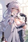  1girl absurdres alcohol bangs bare_shoulders black_gloves bottle breasts bronya_zaychik bronya_zaychik_(silverwing:_n-ex) cleavage closed_mouth cup dress drill_hair drinking_glass gloves grey_eyes grey_hair hair_between_eyes highres holding holding_cup honkai_(series) honkai_impact_3rd indoors large_breasts long_hair looking_at_viewer single_glove single_sleeve sleeveless sleeveless_dress solo white_dress white_sleeves window wine wine_bottle wine_glass yelan_xing_xuan 