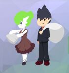  2021 ailin bag chibi clothing dress duo elegant enrique849 female gardevoir green_hair hair human male mammal nintendo not_furry pok&eacute;mon pok&eacute;mon_(species) purple_background purse simple_background simple_coloring video_games 