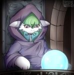  2021 ailin cloak clothing crystal_ball detailed_background enrique849 eye_through_hair female gardevoir green_hair hair hi_res humanoid nintendo not_furry pok&eacute;mon pok&eacute;mon_(species) pondering_my_orb signature sitting solo stare translucent translucent_hair video_games 