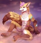  2021 ambiguous_gender anthro beach canid canine canis hi_res ivan-jhang japanese_wolf mammal marou purple_eyes seaside simple_background sitting solo water wolf ych_result 