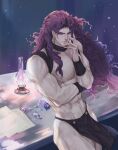  1boy battle_tendency commentary_request earrings horns jewelry jojo_no_kimyou_na_bouken kars_(jojo) loincloth long_hair male_focus manly muscular muscular_male notes oil_lamp purple_hair red_eyes revealing_clothes solo thinking topless_male wavy_hair yepnean 