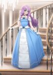  1girl bare_shoulders blue_dress blue_eyes blue_flower chandelier commentary dhokidoki dress english_commentary fire_emblem fire_emblem:_the_blazing_blade florina_(fire_emblem) flower gloves gown highres looking_at_viewer purple_hair smile stairs white_gloves 