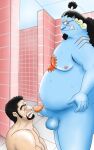  2017 anthro balls belly bernard_(pixiv) blue_body blush bodily_fluids duo erection eyes_closed fish-men_(one_piece) genitals hi_res human human_on_anthro humanoid_genitalia humanoid_hands humanoid_penis inside interspecies jinbe male male/male mammal marine moobs nipples one_piece penis scar sweat 