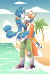  2022 absurd_res anthro beach blue_body blue_fur blue_hair blush bottomwear bra breasts canid canine canon_couple clothed clothing detailed_background duo eyes_closed female fox fox_mccloud french_kissing fur hair hi_res holding_partner kissing krystal loincloth love male mammal markings nintendo outside romantic romantic_couple seaside sky sokerikaneli star_fox tongue tongue_out underwear video_games 