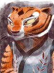  2022 amber_eyes anthro asian_clothing bust_portrait clothing dreamworks felid female fur kung_fu_panda mammal master_tigress orange_body orange_fur pantherine portrait raikoh-illust smile solo striped_body striped_fur stripes tiger whiskers white_body white_fur yellow_sclera 