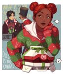  1girl 2boys 2gou anger_vein annoyed apex_legends black_eyes black_hair black_headwear blue_background border brown_jacket brown_sweater christmas_sweater crypto_(apex_legends) d.o.c._health_drone dark-skinned_female dark_skin double_bun english_text facial_hair green_hoodie hair_behind_ear highres hood hoodie jacket lifeline_(apex_legends) looking_to_the_side mirage_(apex_legends) multiple_boys musical_note mustache outside_border red_hoodie robot smile speech_bubble striped striped_hoodie sweater white_border 