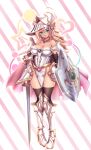  1girl :o absurdres akina_t alternate_color armor armored_boots blonde_hair boots breasts cape dark_magician_girl dark_magician_girl_the_dragon_knight duel_monster green_eyes heart helmet highres knight long_hair medium_breasts open_mouth pink_cape shield shoulder_armor silver_footwear smile star_(symbol) striped striped_background sword the_eye_of_timaeus thighhighs thighs weapon yu-gi-oh! yu-gi-oh!_duel_monsters 