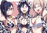  2021 3girls ;d akeome animal_collar animal_print arm_up artist_name asymmetrical_bangs bangs bell bikini black_bikini black_collar black_ribbon blue_eyes blue_hair breast_press breasts brown_hair cleavage collar commentary_request cow_hood cow_print front-tie_bikini front-tie_top glasses grin happy_new_year hitomi-chan_wa_hitomishiri hood hood_up hooded_jacket jacket large_breasts long_hair medium_hair multiple_girls neck_bell neck_ribbon new_year off_shoulder one_eye_closed ponytail print_bikini print_jacket purple-framed_eyewear purple_eyes ribbon sharp_teeth short_hair signature sleeveless sleeveless_jacket smile swept_bangs swimsuit symmetrical_docking takano_hitomi teeth translation_request tyotyotyori white_bikini white_jacket 