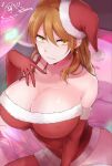  1girl artist_name bare_shoulders bed_sheet blurry blurry_background breasts brown_hair christmas cleavage closed_mouth commentary_request depth_of_field dress ear_piercing earrings elbow_gloves english_text fur-trimmed_dress fur-trimmed_legwear fur_trim gloves half-closed_eyes hat highres huge_breasts indoors jewelry light_smile medium_hair merry_christmas on_bed original piercing red_dress red_gloves red_legwear santa_dress santa_gloves santa_hat short_dress signature sitting solo strapless strapless_dress thighhighs twitter_username u-sora yellow_eyes 