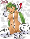  1girl 2021 animal_collar animal_ears animal_print areola_slip areolae bangs bell between_labia black_collar breasts chinese_zodiac collar commentary cow_ears cow_horns cow_print dark-skinned_female dark_skin elbow_gloves fake_animal_ears fake_horns gloves green_eyes green_hair highres horns horns_pose large_breasts long_hair looking_at_viewer low_twintails mallow_(pokemon) navel neck_bell new_year open_mouth pokemon pokemon_(game) pokemon_sm print_gloves print_legwear print_swimsuit pussy slingshot_swimsuit solo squatting swept_bangs swimsuit thighhighs tof twintails white_gloves white_legwear white_swimsuit year_of_the_ox 