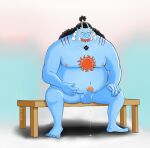  2018 anthro balls belly bernard_(pixiv) blue_body bodily_fluids erection fish-men_(one_piece) genital_fluids genitals hi_res humanoid_genitalia humanoid_hands humanoid_penis jinbe male marine moobs nipples one_piece overweight overweight_male penis precum sitting solo 