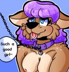  anthro big_breasts big_ears blue_eyes breasts bust_portrait canid canine cervid cervine chain collar esma_(gooeykazoo) female fluffy gooeykazoo hair hi_res hybrid invalid_tag leash mammal nipples offscreen_character portrait purple_hair simple_background solo speech_bubble teeth text tongue tongue_out 