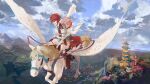  2girls absurdres architecture armor breasts brinaa_sama cityscape commentary east_asian_architecture english_commentary fire_emblem fire_emblem_fates flying highres hinoka_(fire_emblem) horseback_riding japanese_armor mountainous_horizon multiple_girls outdoors pegasus pink_eyes pink_hair red_eyes red_hair riding sakura_(fire_emblem) siblings sisters small_breasts 