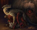 breeding_mount cage_muzzle collar drangir duo erection female female_feral feral feral_on_feral gag gagged genitals hi_res male male/female male_feral painting painting_(artwork) penis quadruped sergal size_difference unknown_species vulva