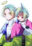  2others angel_and_devil angel_wings animal_ear_fluff animal_ears behind_another belt black_gloves blunt_bangs braid brown_belt closed_mouth clothing_cutout collarbone commentary_request contrast_collar contrast_lapels covered_collarbone curtained_hair dark_persona dual_persona evil_smile fang forehead fox_ears frown gesugao gloves gnosia gradient_clothes gradient_hair gradient_shirt green_eyes green_hair green_jacket half_up_braid halo hand_on_another's_wing highres jacket lapels looking_at_another multicolored_hair multiple_others open_clothes open_jacket open_mouth other_focus outer_glow parted_bangs raised_eyebrow red_eyes shaded_face shirt shoulder_strap small_sweatdrop smile spoilers traditional_halo turtleneck turtleneck_shirt uneven_eyes upper_body user_nkhr2882 white_background white_wings wings yellow_halo yuri_(gnosia) 