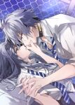 1boy 1girl alternate_costume black_choker chain-link_fence choker chrysos_heirs_school_uniform collared_shirt commentary_request couple eye_contact face-to-face fence glasses hand_on_another's_face hetero holding_hands honkai:_star_rail honkai_(series) imminent_kiss interlocked_fingers long_hair looking_at_another loose_necktie lying neck_tattoo necktie night official_alternate_costume on_back parted_lips phainon_(honkai:_star_rail) satorigame school_uniform shirt short_hair short_sleeves sky star_(sky) starry_sky stelle_(honkai:_star_rail) striped_clothes striped_necktie sun_symbol sun_tattoo tattoo trailblazer_(honkai:_star_rail) undone_necktie upper_body white_shirt yellow_eyes 