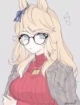  1girl animal_ears blonde_hair blue_eyes blue_ribbon breasts closed_mouth commentary_request glasses gold_city_(casual)_(umamusume) gold_city_(umamusume) gold_necklace grey_jacket hair_ribbon highres horse_ears horse_girl inutose jacket jacket_on_shoulders jewelry large_breasts long_hair looking_at_viewer necklace red_sweater ribbon round_eyewear solo sweater turtleneck turtleneck_sweater umamusume 
