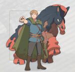  1boy a_knight_of_the_seven_kingdoms a_song_of_ice_and_fire blonde_hair blue_eyes blue_shirt boots brown_boots clenched_hand cloak closed_mouth duncan_the_tall full_body furrowed_brow green_cloak grey_background grey_pants holding holding_poke_ball light_frown male_focus mudsdale outstretched_arm pants poke_ball pokemon pokemon_(creature) rebekah_jin rope_belt shirt short_hair twitter_username 