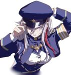  1girl 86_-eightysix- absurdres armband blue_hat blue_jacket commentary grey_eyes grey_hair hat highres jacket looking_at_viewer military_uniform peaked_cap shirt solo two-tone_armband vladilena_millize white_armband white_shirt y_(y_osushitabetai) yellow_armband 