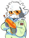 2024 anthro blaster blaster_pistol clothing ear_tuft electronics eyelashes eyewear female fluffy fur glasses gloves green_clothing guide_lines gun hair handwear headgear headphones headset hi_res holding_blaster holding_gun holding_object holding_ranged_weapon holding_weapon jumpsuit laser_gun looking_at_viewer mammal mustelid musteline nessie_(nessiemooo) nessiemooo orange_eyes orange_eyewear orange_glasses orange_nose oversized_clothing pew_pew pockets ranged_weapon short_hair signature simple_background smile solo spacesuit stoat true_musteline tuft union_jack united_kingdom weapon weasel white_background white_body white_fur white_hair