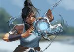  1girl armband avatar_legends bare_shoulders black_hair blue_eyes blue_shirt blurry blurry_background dark-skinned_female dark_skin element_bending fighting_stance hair_between_eyes hair_tubes highres korra long_hair nickelodeon outdoors parted_lips ponytail shirt sidelocks solo sweetcassava the_legend_of_korra upper_body waist_cape water 