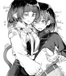  2girls :q animal_ears belle_(zenless_zone_zero) blush clothes_lift english_text fingering grabbing_another's_breast greyscale groping hand_in_another's_clothes highres jane_doe_(zenless_zone_zero) long_sleeves medium_hair monochrome mouse_ears multiple_girls navel open_mouth shirt_lift standing tail talnory tongue tongue_out yuri zenless_zone_zero 