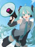  1girl aqua_eyes aqua_hair aqua_necktie black_skirt boots commentary_request detached_sleeves grey_shirt hatsune_miku headset highres holding holding_megaphone komori_kamome long_hair long_sleeves looking_at_viewer megaphone miku_day miniskirt necktie open_mouth pleated_skirt shirt skirt sleeveless sleeveless_shirt solo thigh_boots twintails vocaloid 