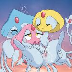 3_fingers ambiguous_gender anthro anus azelf bedroom_eyes bodily_fluids ejaculation excessive_genital_fluids excessive_vaginal_fluids eyes_closed female fingering fingers floating generation_4_pokemon genital_fluids genitals grey_body group hand_on_vulva heart_symbol hi_res holding_leg legendary_pokemon looking_pleasured lying masturbation mesprit narrowed_eyes nintendo on_back pokemon pokemon_(species) seductive simple_background smug spread_legs spreading sunshineflareon tail torogao trio uxie vaginal_fluids vaginal_squirting vulva