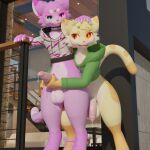 3d_(artwork) absurd_res anthro balls big_balls blender_(artwork) blender_cycles_(artwork) blue_eyes bodily_fluids bottomless clothed clothing collar detailed_background digital_media_(artwork) domestic_cat dripping duo felid feline felis felura flaccid foreskin from_behind_position fur genital_fluids genitals hair heterochromia hi_res hoodie hoodie_only huge_filesize humanoid_genitalia jacket_(jacketpd) looking_at_another low-angle_view luramoth male male/male mammal mayu_(azuki) nonbinary_(lore) outside penis penis_grab pink_body pink_eyes pink_fur precum precum_drip sex smile tan_body tan_fur tongue tongue_out topwear topwear_only yellow_eyes