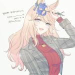  1girl animal_ears blonde_hair blue_eyes blue_flower blue_ribbon commentary_request flower gold_city_(casual)_(umamusume) gold_city_(umamusume) gold_necklace grey_jacket hair_ribbon holding holding_flower horse_ears horse_girl horse_tail inutose jacket jewelry long_hair necklace open_clothes open_jacket red_sweater ribbon solo sweater tail turtleneck turtleneck_sweater umamusume 