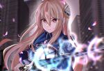  1girl blonde_hair blue_capelet building capelet commentary_request e69465 hair_ornament heaven_burns_red holding holding_sword holding_weapon long_hair looking_at_viewer red_eyes school_uniform shirakawa_yuina skyscraper sword weapon 