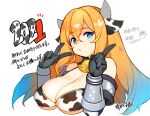  1girl 2021 akeome aldebaran_(escalation_heroines) animal_ears animal_print bell bikini black_gloves blonde_hair blue_eyes bracer breasts chinese_zodiac choukou_(alicesoft) choukou_taisen_escalation_heroines cleavage cow_ears cow_girl cow_horns cow_print cow_print_bikini cropped_torso detached_sleeves gloves happy_new_year hisha_(imperial_crown) horns index_finger_raised large_breasts long_hair looking_at_viewer neck_bell new_year official_art parted_lips print_bikini print_sleeves sideways_glance solo swimsuit translation_request v white_background year_of_the_ox 