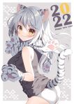  1girl 2022 animal_ear_fluff animal_ears animal_hands animal_print aran_sweater ass bangs black_sweater blush brown_eyes chinese_zodiac commentary_request eyebrows_visible_through_hair from_side gloves grin hair_between_eyes happy_new_year long_hair looking_at_viewer looking_to_the_side mauve new_year original paw_gloves print_gloves ribbed_sweater silver_hair smile solo sweater tail tiger_ears tiger_girl tiger_print tiger_tail v-shaped_eyebrows very_long_hair white_gloves year_of_the_tiger 