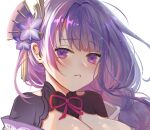  1girl blunt_bangs blush breasts bridal_gauntlets chinese_commentary cleavage close-up closed_mouth clothing_cutout commentary_request fan_hair_ornament genshin_impact hair_ornament head_tilt highres huge_breasts japanese_clothes kimono long_hair looking_at_viewer mole mole_under_eye morte_(morte00097530) neck_ribbon off_shoulder purple_eyes purple_hair purple_kimono raiden_shogun red_ribbon ribbon shoulder_cutout simple_background solo upper_body white_background 