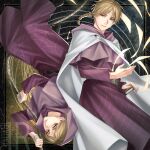 2girls age_comparison artist_logo bandaged_hand bandages braid braided_ponytail brown_hair cape capelet chi.:_chikyuu_no_undou_ni_tsuite floating_hair geocentrism highres holding holding_rope hood hood_down hood_up iorbtyn jolenta logo long_hair looking_at_another multiple_girls pink_capelet rope white_cape 
