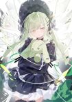  1girl aka_kan animal_ears arknights bang_dream! bang_dream!_it's_mygo!!!!! black_dress bonnet closed_mouth dress frilled_sleeves frills gothic_lolita green_hair hair_ornament highres holding holding_stuffed_toy hugging_object juliet_sleeves lolita_fashion long_hair long_sleeves looking_at_viewer puffy_sleeves solo stuffed_animal stuffed_rabbit stuffed_toy wakaba_mutsumi wakaba_mutsumi_(marionette's_id) yellow_eyes 