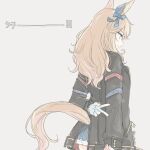  1girl animal_ears arm_behind_back black_choker black_jacket blonde_hair blue_eyes blue_ribbon choker closed_mouth commentary_request denim denim_shorts gloves gold_city_(authentic/1928)_(umamusume) gold_city_(umamusume) gold_necklace hair_ribbon horse_ears horse_girl horse_tail inutose jacket jewelry long_hair necklace ribbon short_shorts shorts single_glove solo tail umamusume white_gloves 