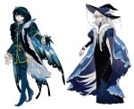  1boy 1girl absurdres alternate_costume black_hair blue_dress blue_eyes braid chinese_commentary commentary_request dress fate/grand_order fate_(series) full_body hair_between_eyes hair_ornament half_up_braid hat highres long_hair looking_at_viewer morgan_le_fay_(fate) oberon_(fate) oberon_(third_ascension)_(fate) ponytail short_hair simple_background smile standing very_long_hair white_background witch_hat yebeiming 