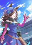  1girl animal_ears bare_shoulders blue_dress blue_flower blue_hat blue_rose blue_sky breasts brown_hair cloud commentary_request confetti dagger dress flipped_hair flower fur_choker hair_over_one_eye hat hat_flower highres horse_ears horse_girl horse_tail knife long_hair long_sleeves off-shoulder_dress off_shoulder othello_katze outdoors purple_eyes rice_shower_(rosy_dreams)_(umamusume) rice_shower_(umamusume) rose sheath sheathed sky small_breasts solo tail tilted_headwear umamusume waving weapon 
