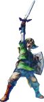  1boy :o absurdres arm_up armor belt blonde_hair blue_eyes boots brown_boots brown_gloves chainmail collared_shirt fingerless_gloves full_body furrowed_brow gloves green_hat green_tunic grey_pants hand_up hat highres holding holding_shield holding_sword holding_weapon knee_boots layered_sleeves legs_apart link long_sleeves looking_at_viewer male_focus master_sword official_art open_mouth outstretched_arm pants pointy_ears pouch serious sheath shield shirt short_hair short_over_long_sleeves short_sleeves sidelocks simple_background solo standing sword takumi_wada teeth the_legend_of_zelda the_legend_of_zelda:_skyward_sword third-party_source transparent_background tunic undershirt v-shaped_eyebrows weapon 
